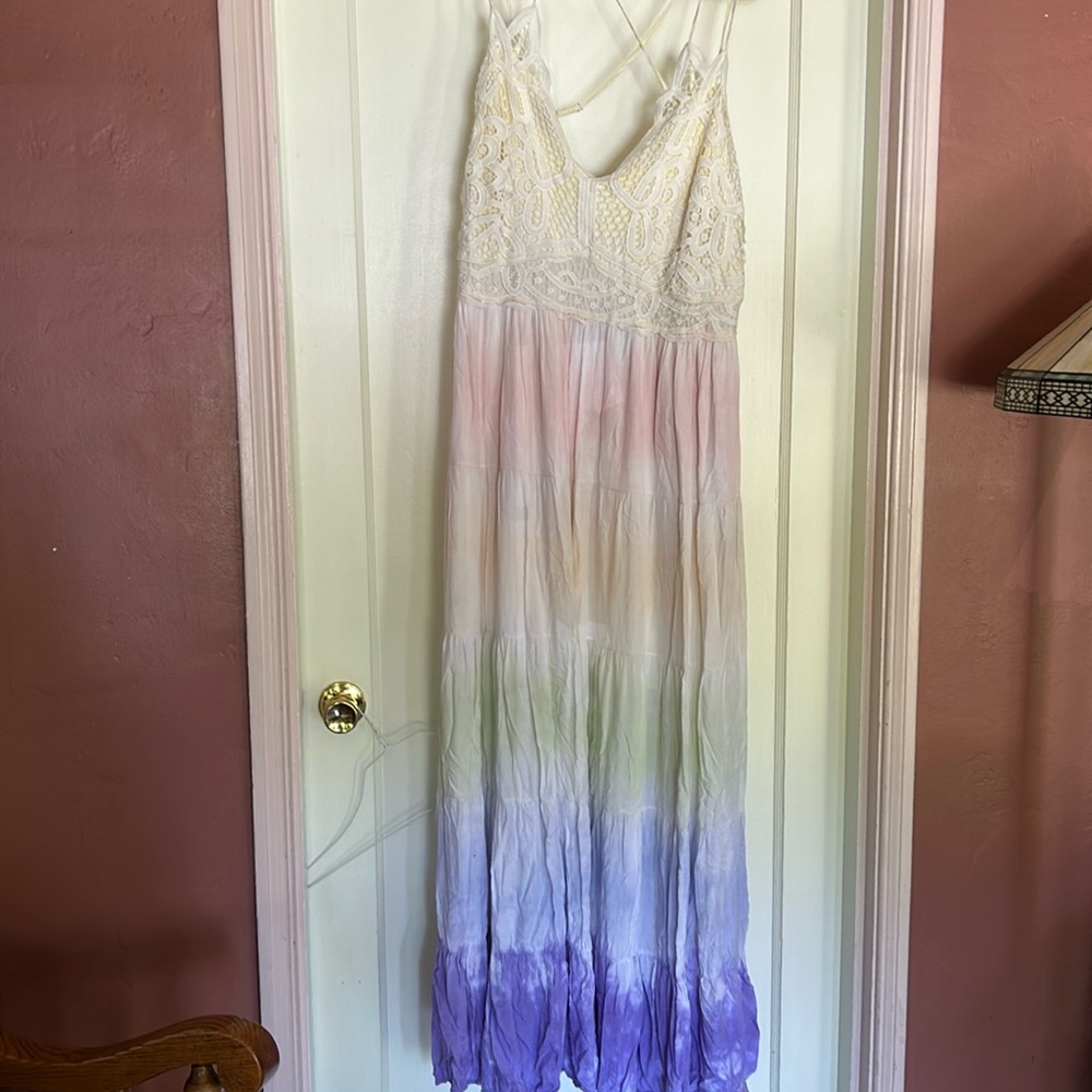 Beautiful Tiedye maxi dress. EUC.Full breast coverage. Lined slip under dress.ss